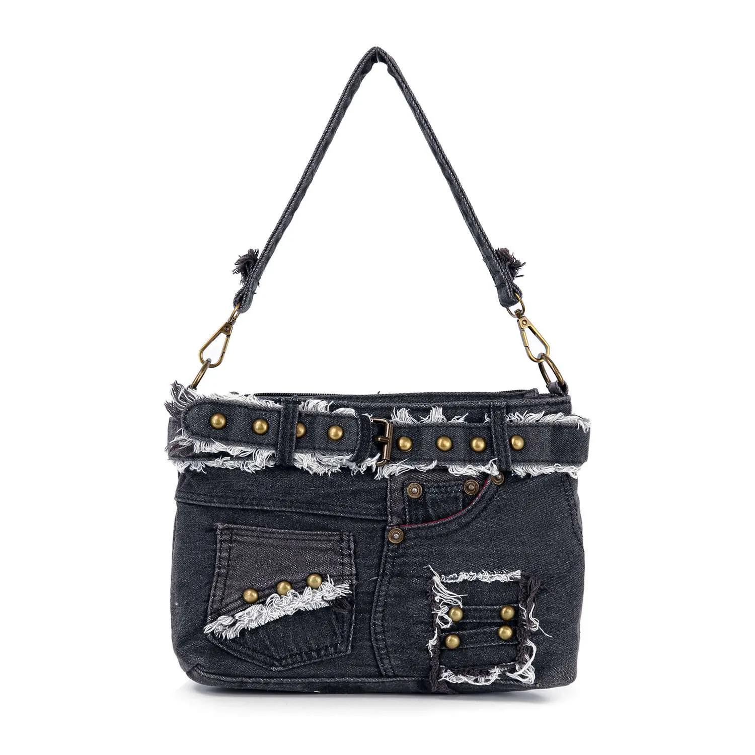 Belted Denim Hobo Handbag