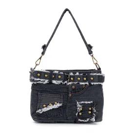 Belted Denim Hobo Handbag