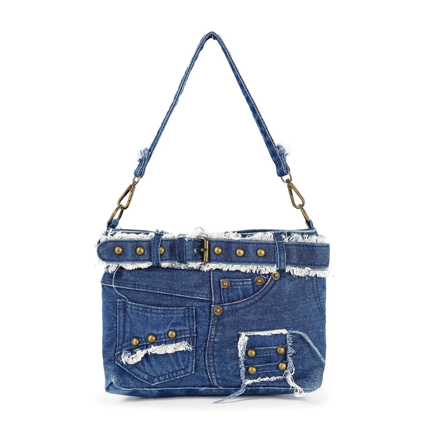Belted Denim Hobo Handbag