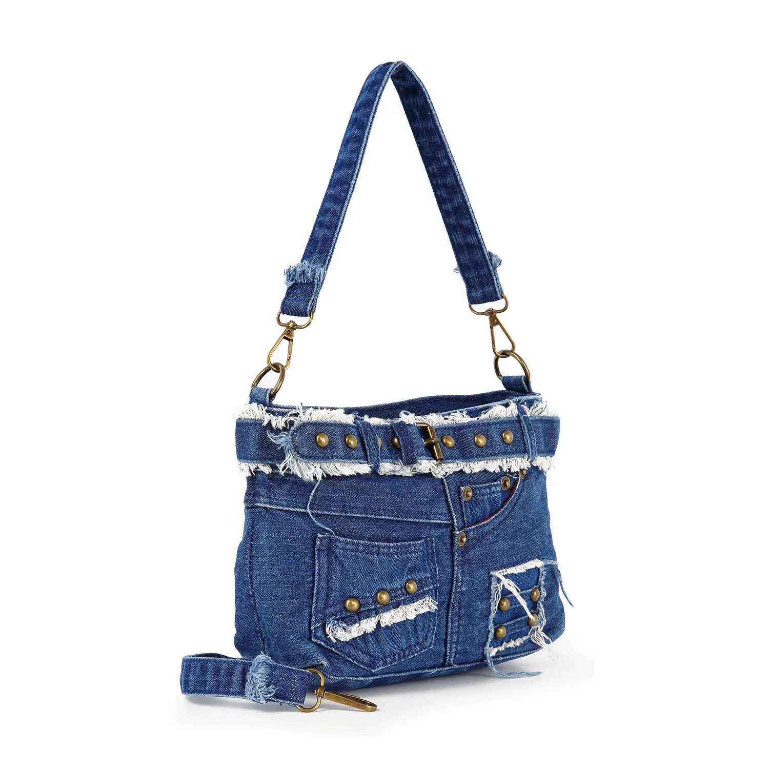 Belted Denim Hobo Handbag
