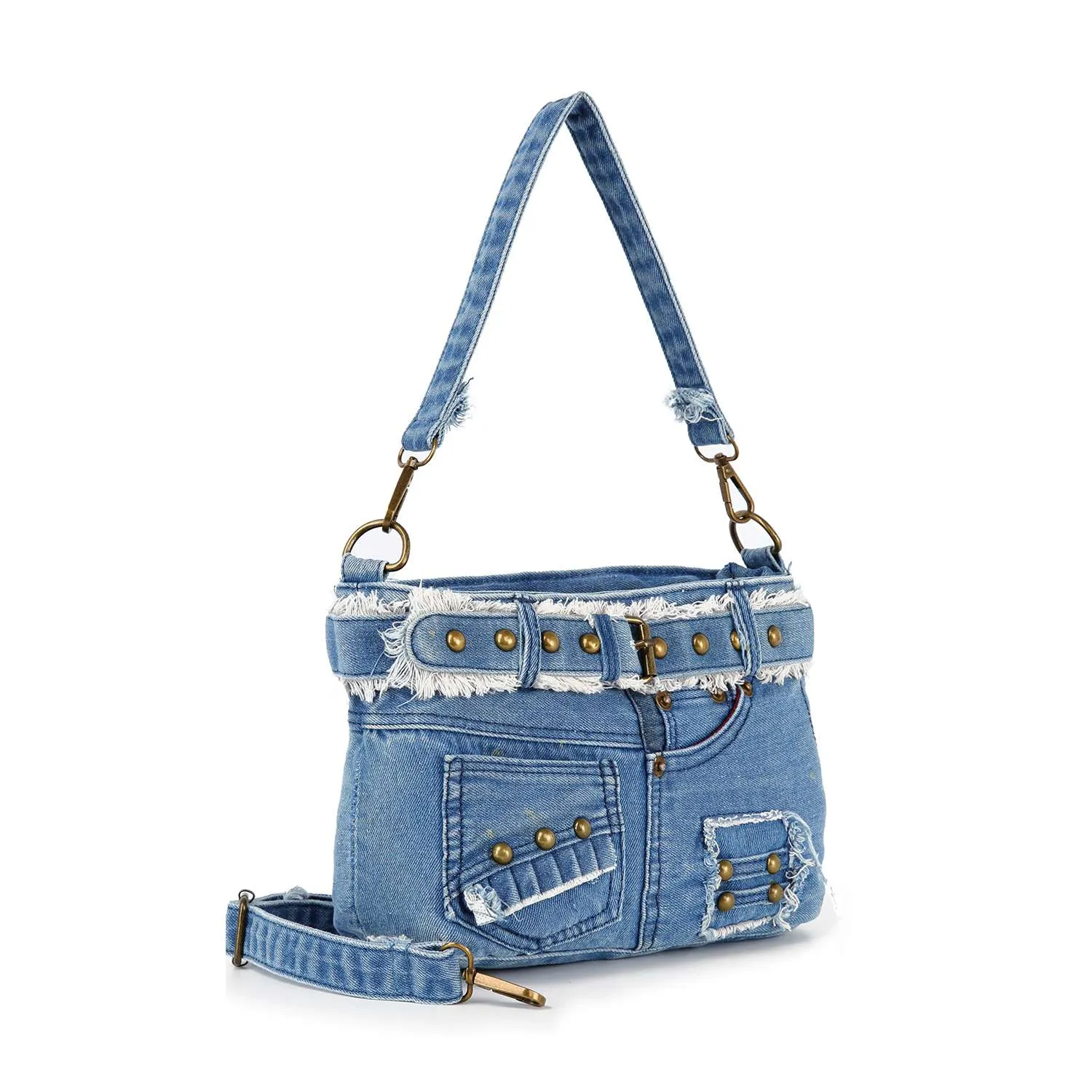 Belted Denim Hobo Handbag