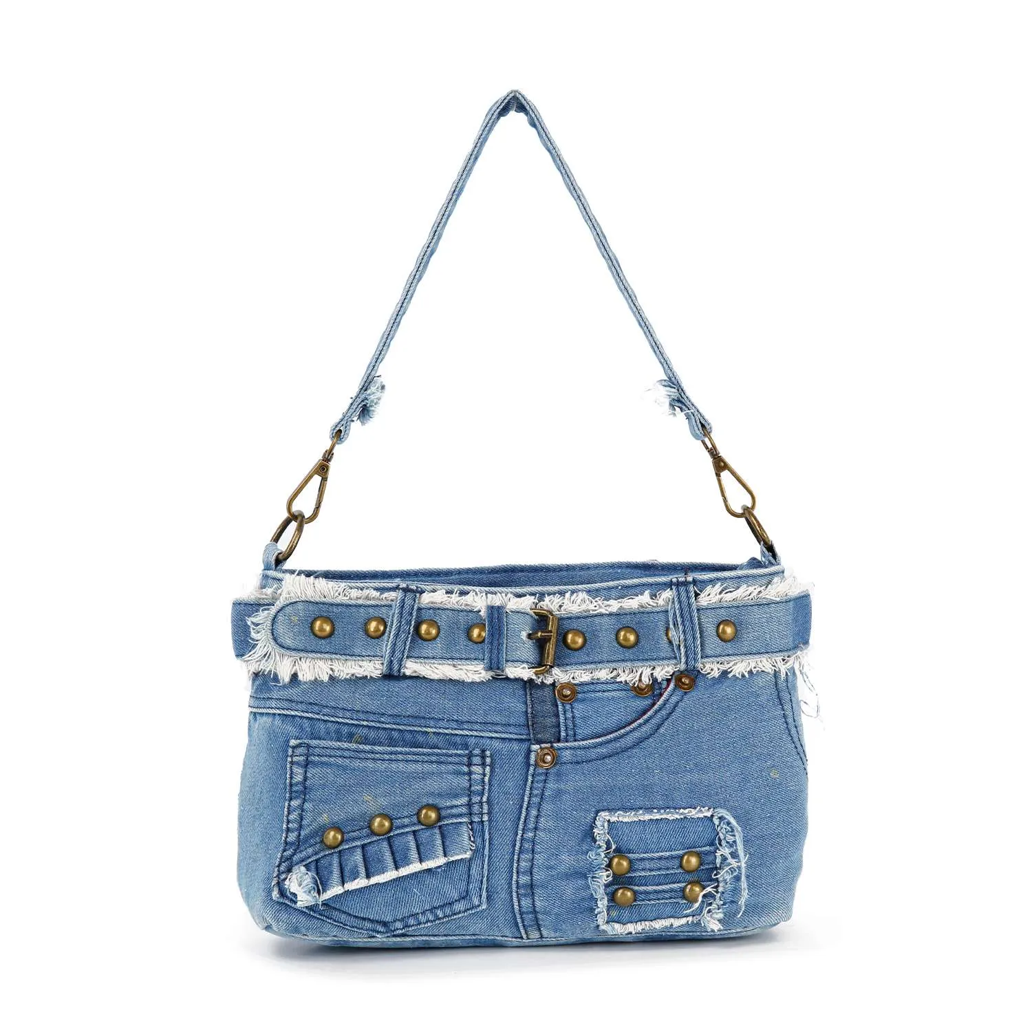 Belted Denim Hobo Handbag