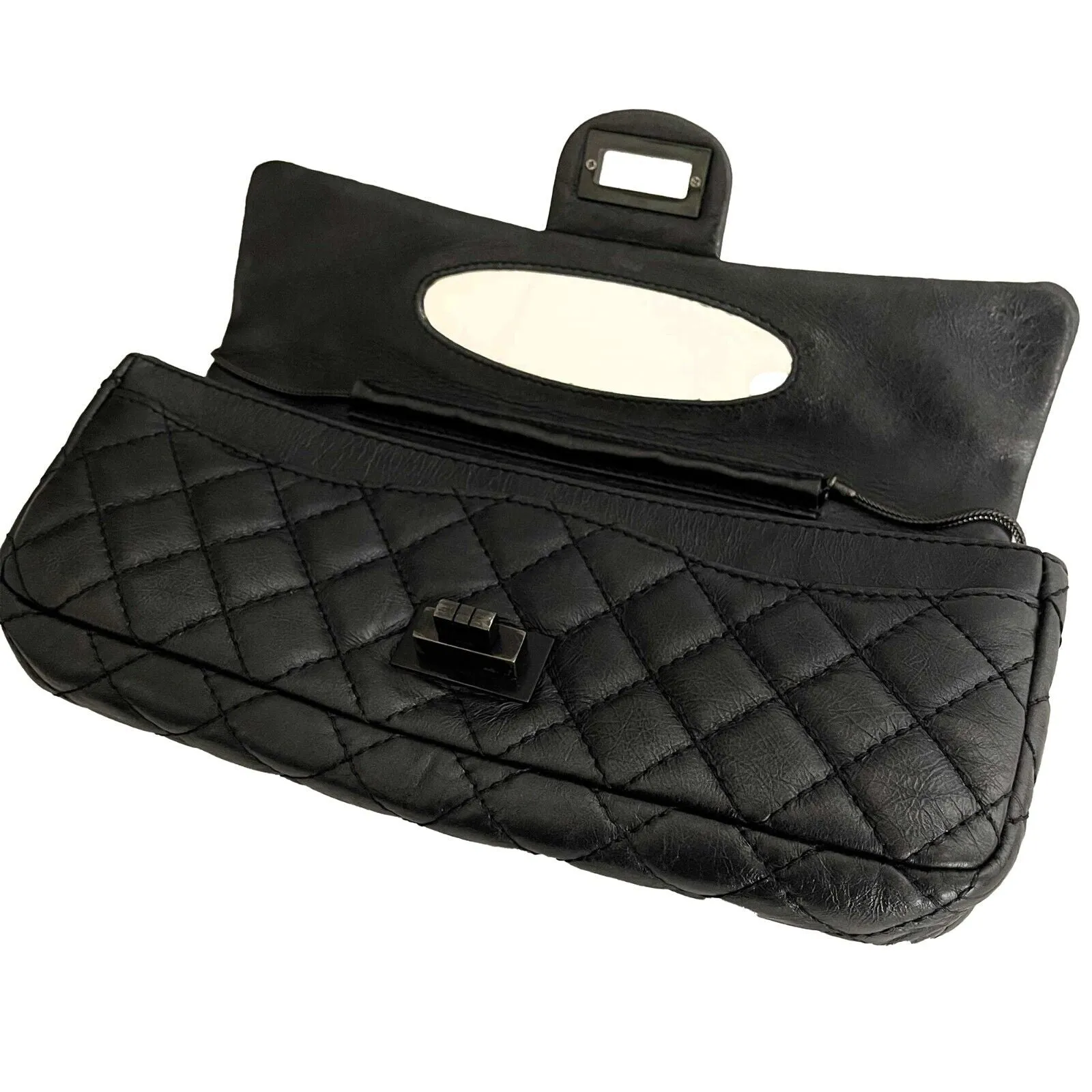 CHANEL - Reissue Glazed Calfskin Clutch Medium Charcoal Black Shoulder / Crossbo