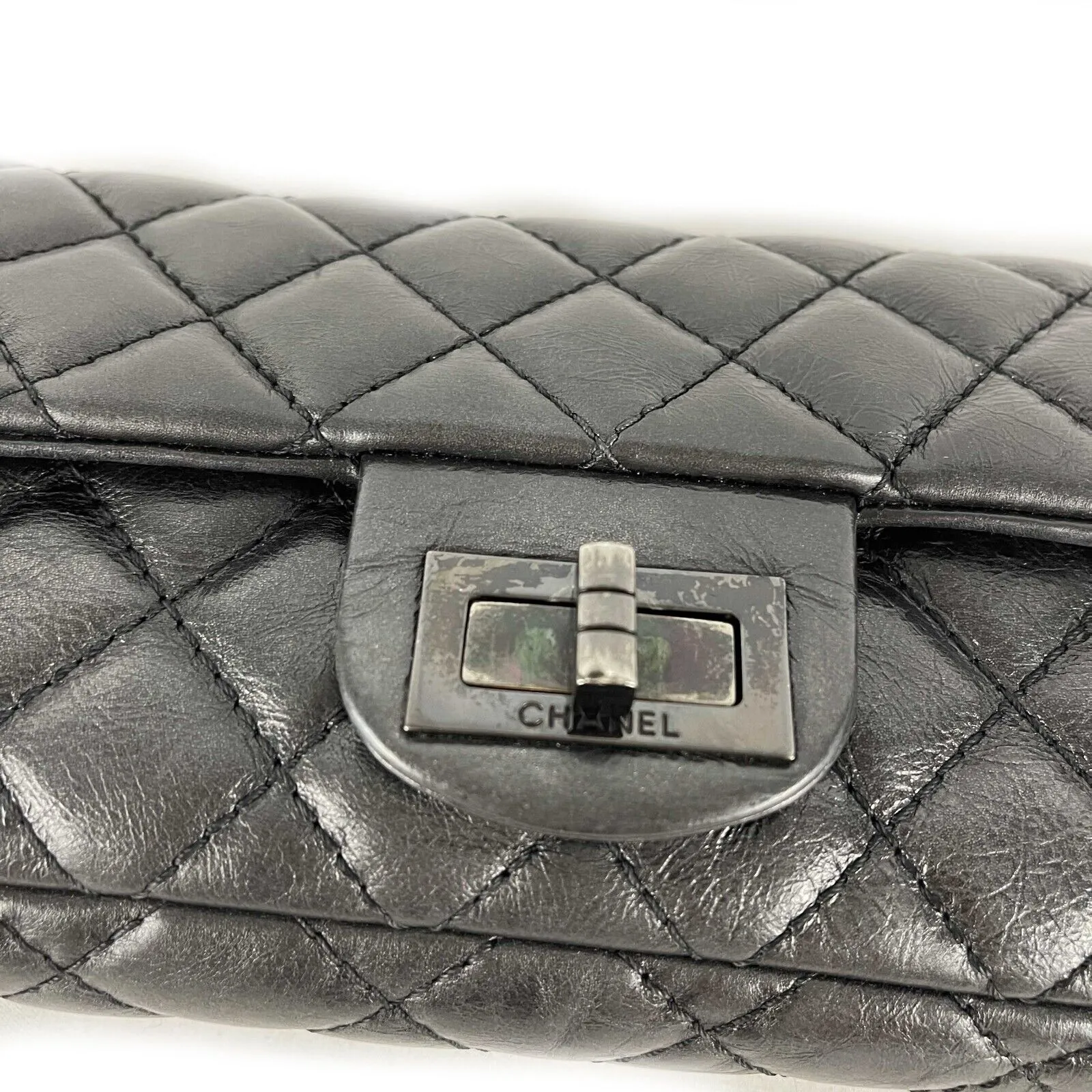 CHANEL - Reissue Glazed Calfskin Clutch Medium Charcoal Black Shoulder / Crossbo
