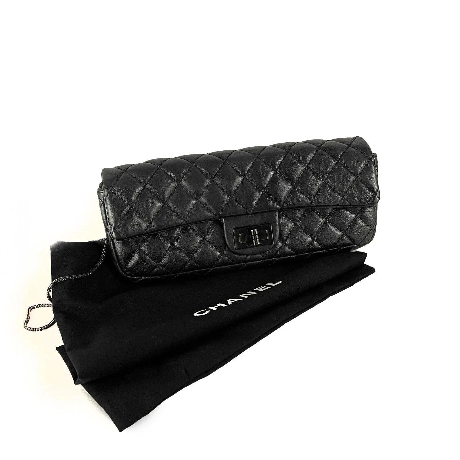 CHANEL - Reissue Glazed Calfskin Clutch Medium Charcoal Black Shoulder / Crossbo