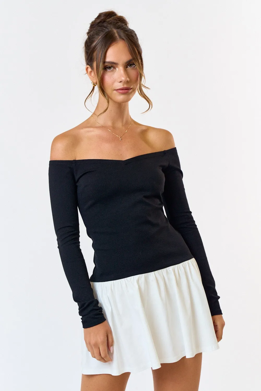 Cheyanne Off The Shoulder Drop Waist Mini Dress Black