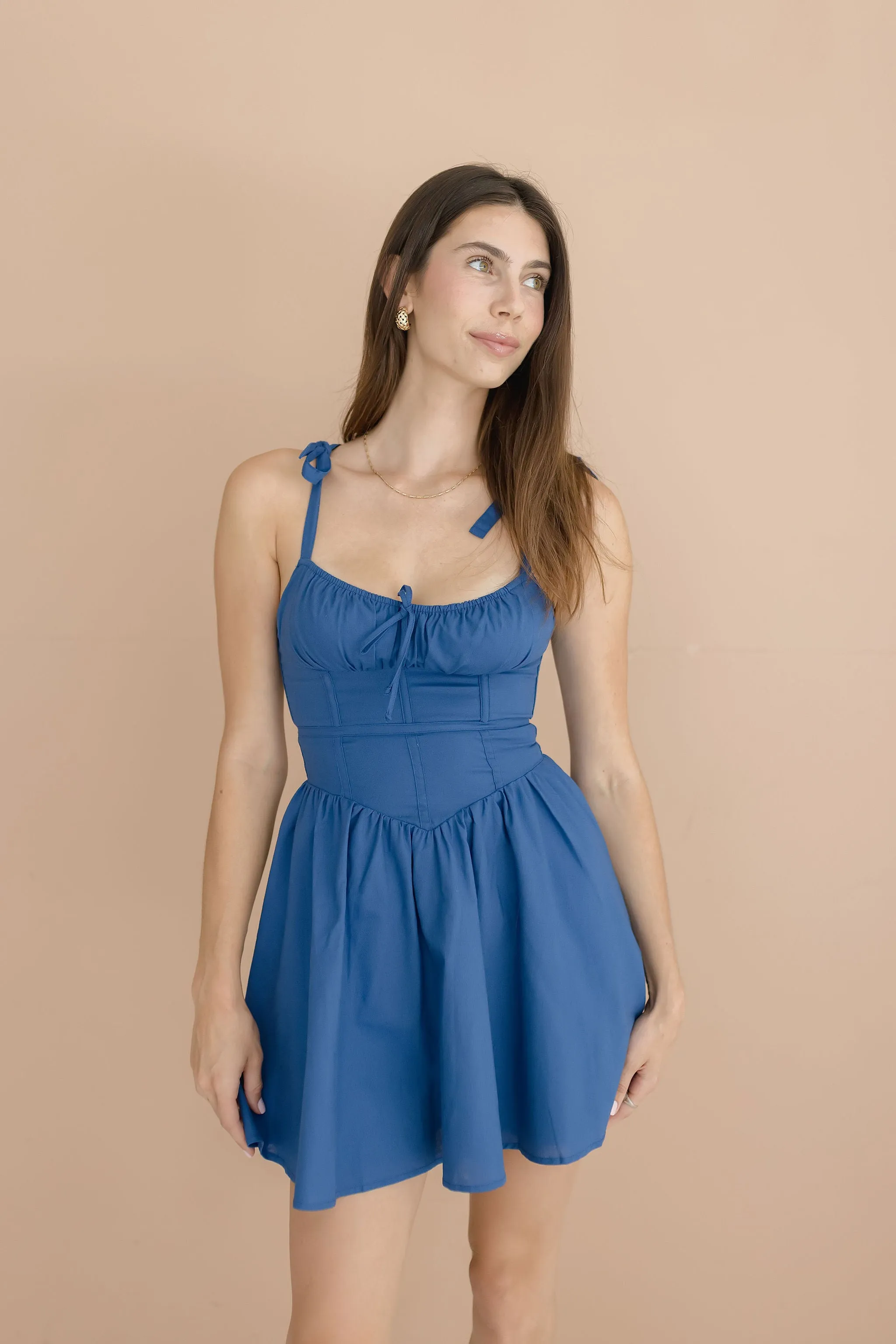Dallas Sleeveless Shoulder Tie Corset Mini Dress Navy