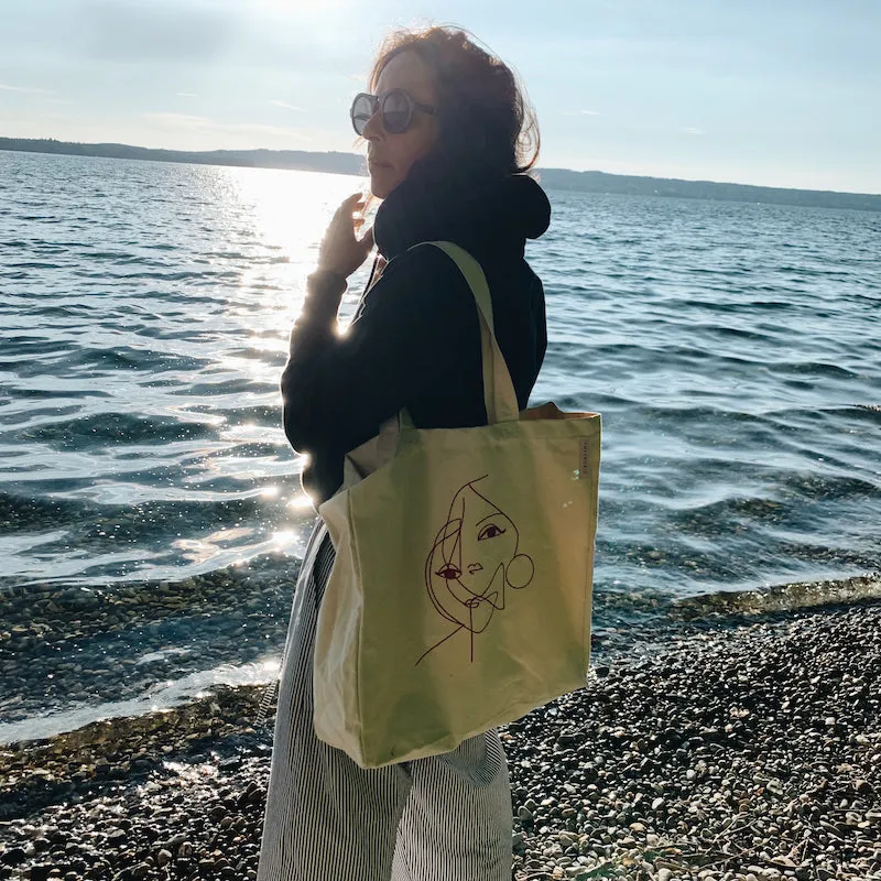 Embroidered organic canvas bag "two faces" blue