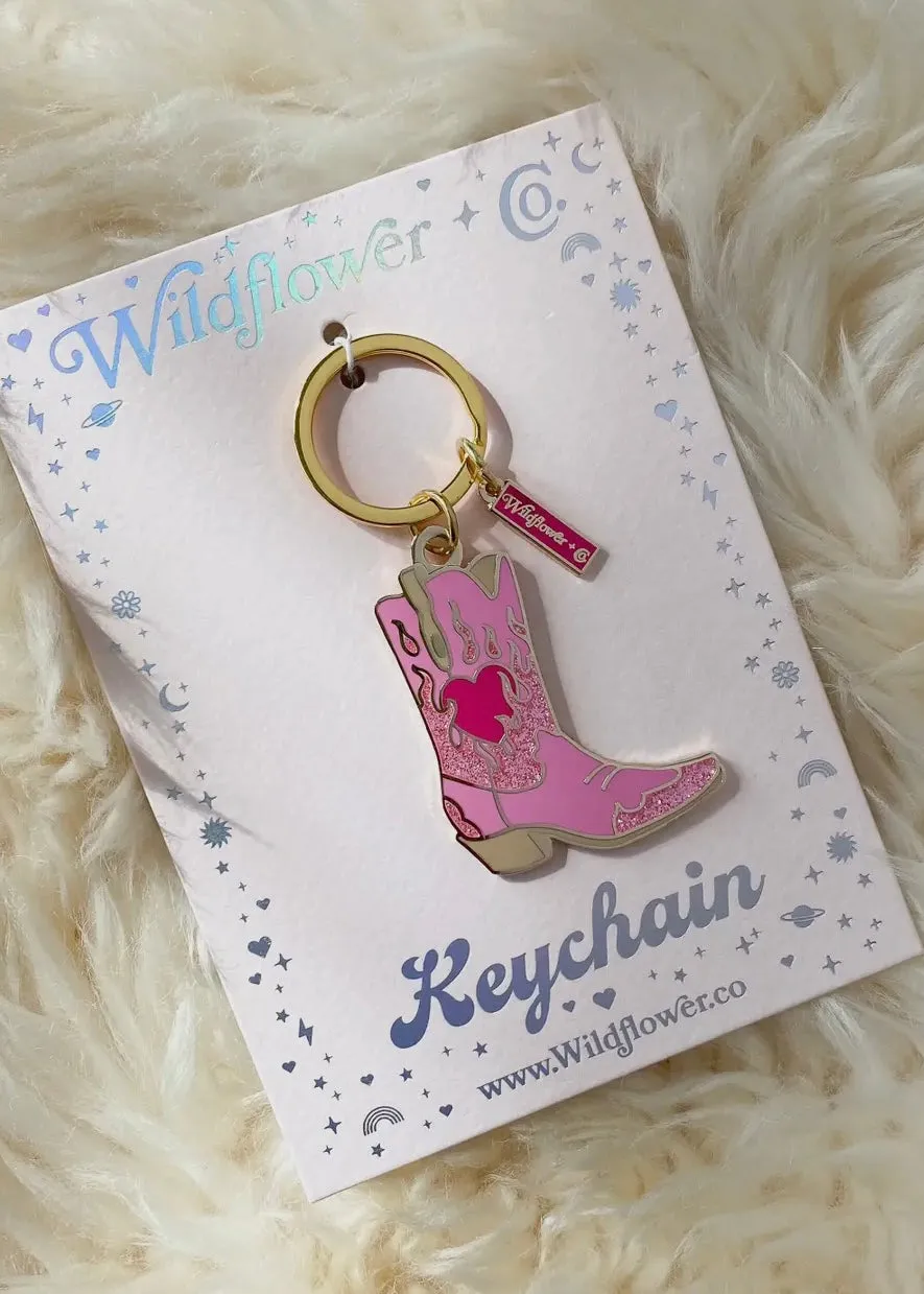 Flaming Cowgirl Boot Keychain