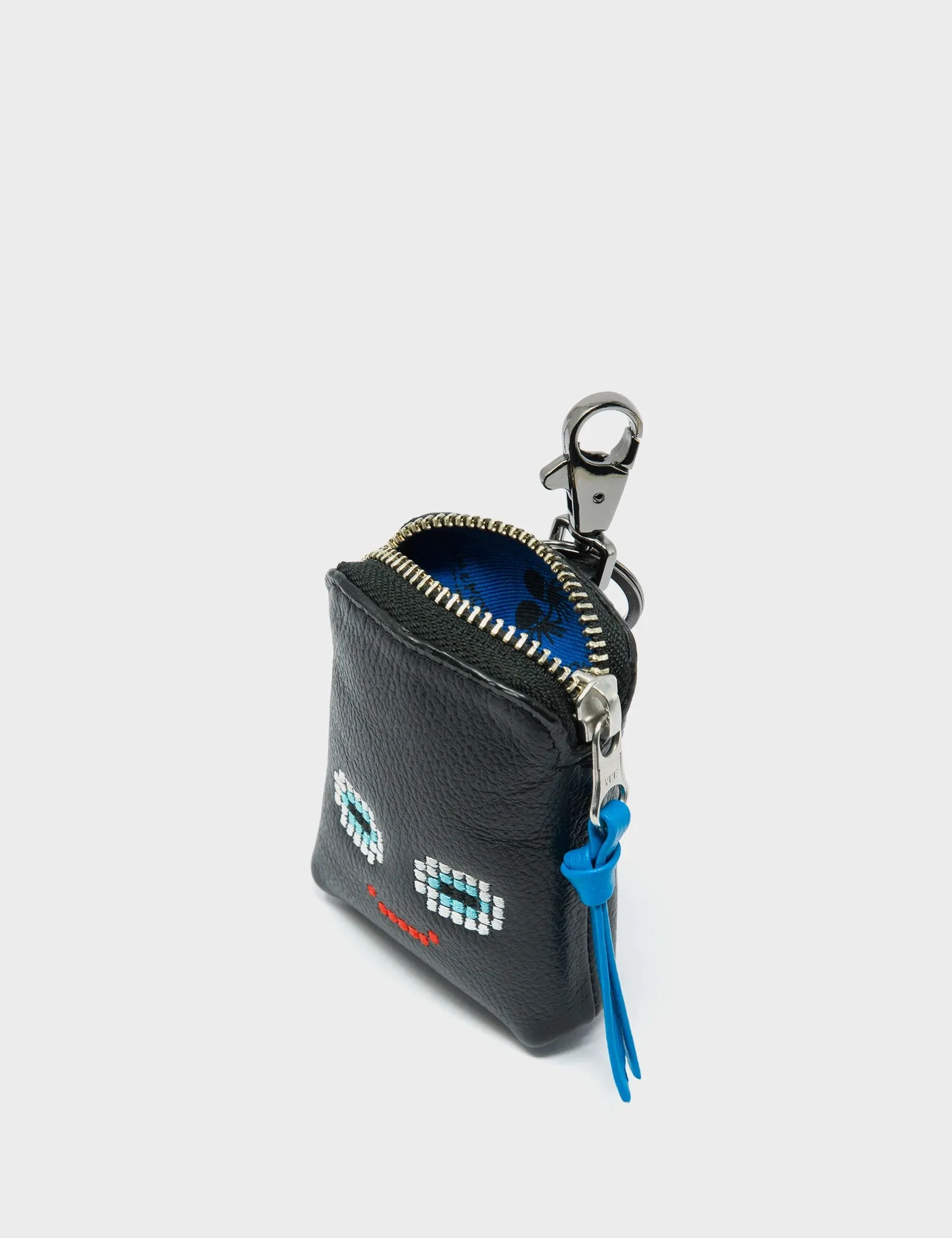 Florence Pouch Charm - Black Leather Keychain Happy Face Embroidery
