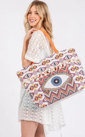 MB0304 EVIL EYE BOHO PRINT POM POM FRINGE TOTE BAG