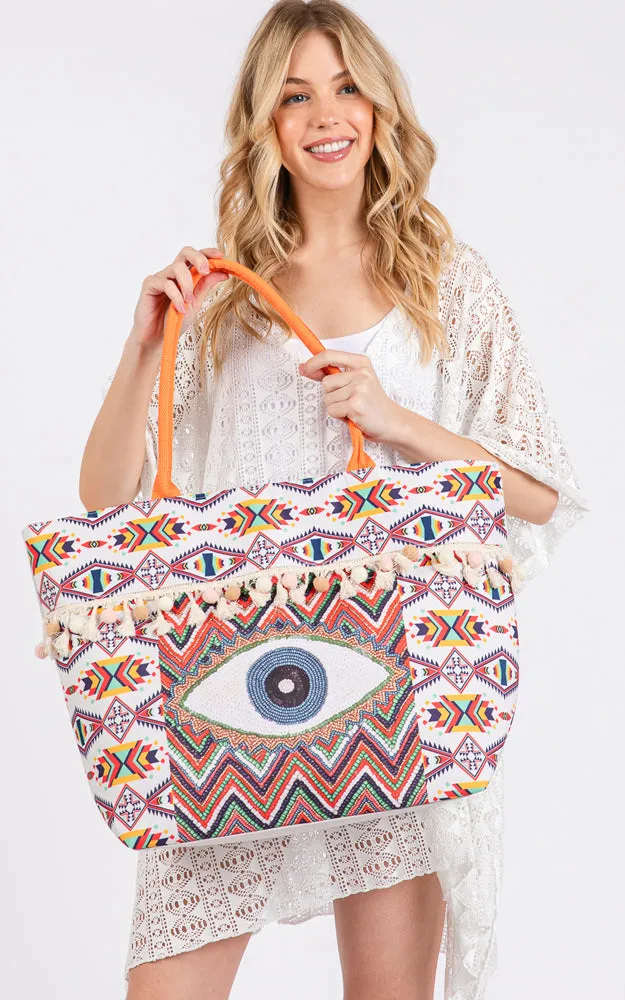 MB0304 EVIL EYE BOHO PRINT POM POM FRINGE TOTE BAG
