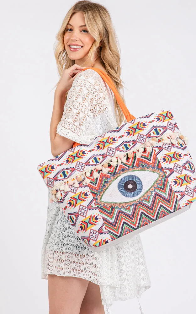 MB0304 EVIL EYE BOHO PRINT POM POM FRINGE TOTE BAG