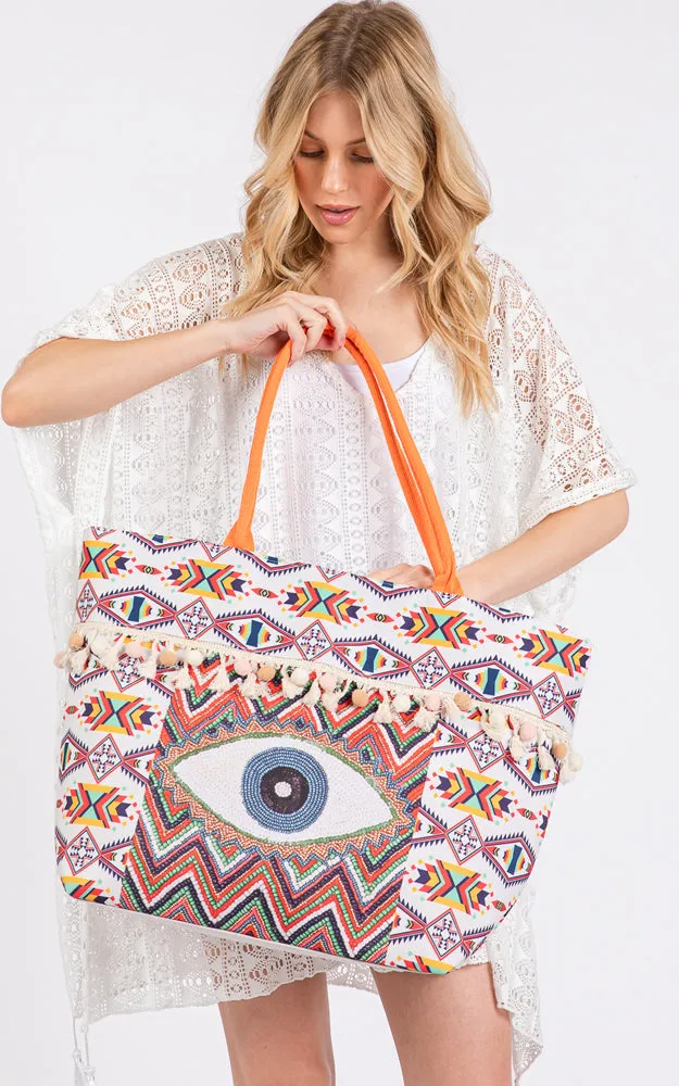 MB0304 EVIL EYE BOHO PRINT POM POM FRINGE TOTE BAG