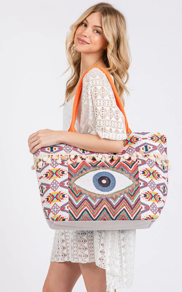 MB0304 EVIL EYE BOHO PRINT POM POM FRINGE TOTE BAG