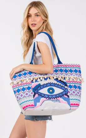 MB0305 EVIL EYE BOHO PRINT POM POM FRINGE TOTE BAG