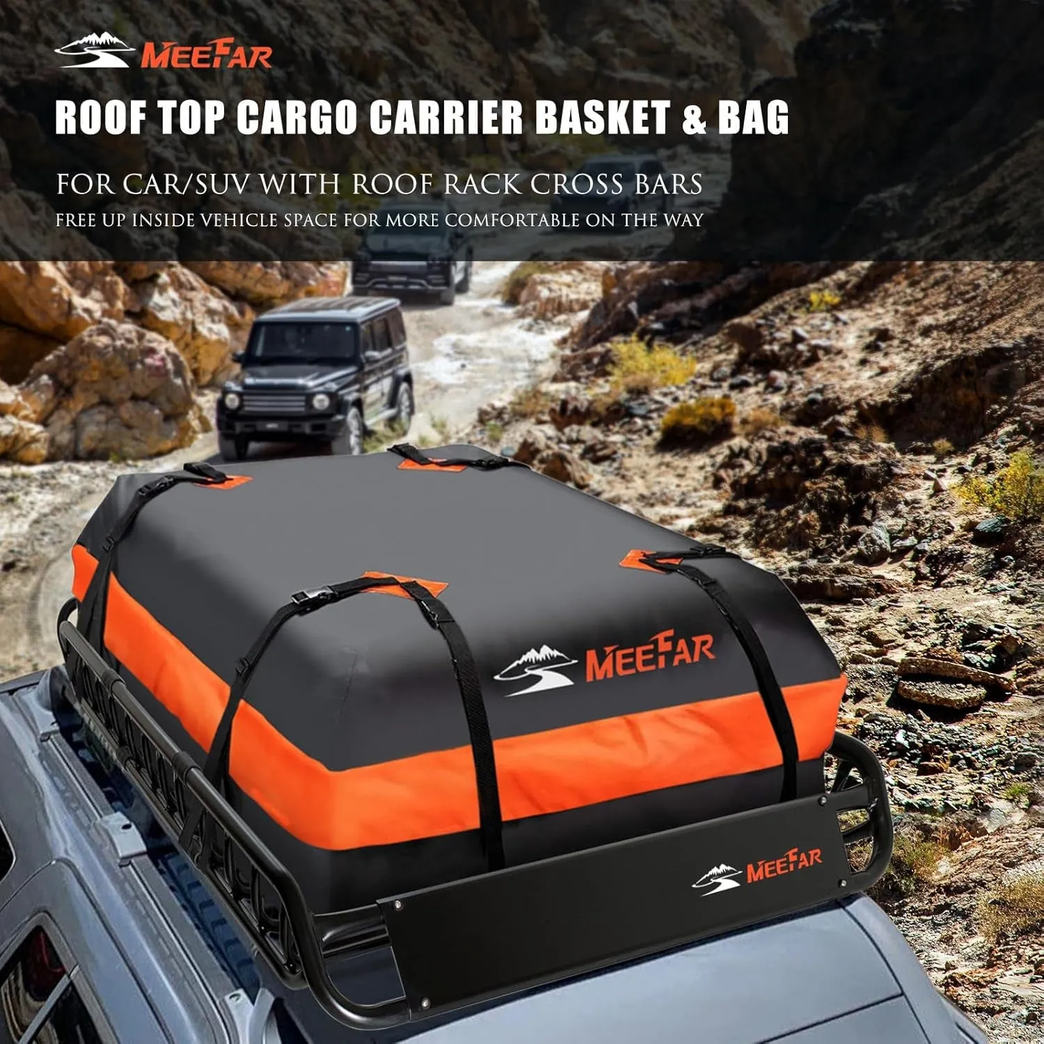 MeeFar Roof Rack Carrier Basket Universal Rooftop 51" X 36" X 5"   Waterproof Bag 15 Cubic Feet (44" 34" 17"), and Cargo Net with Attachment Hooks, Ratchet Straps