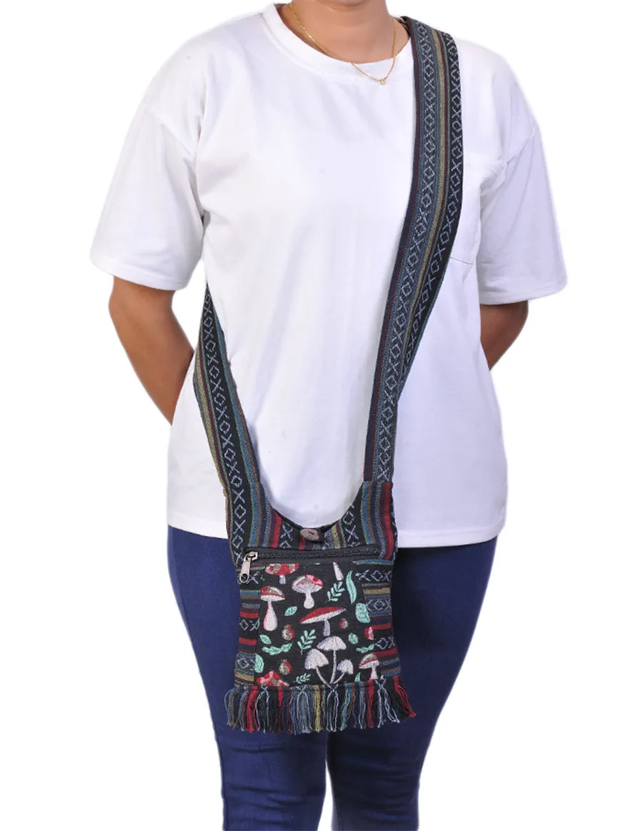 Mushroom Print Cotton Mini Hippie Bag