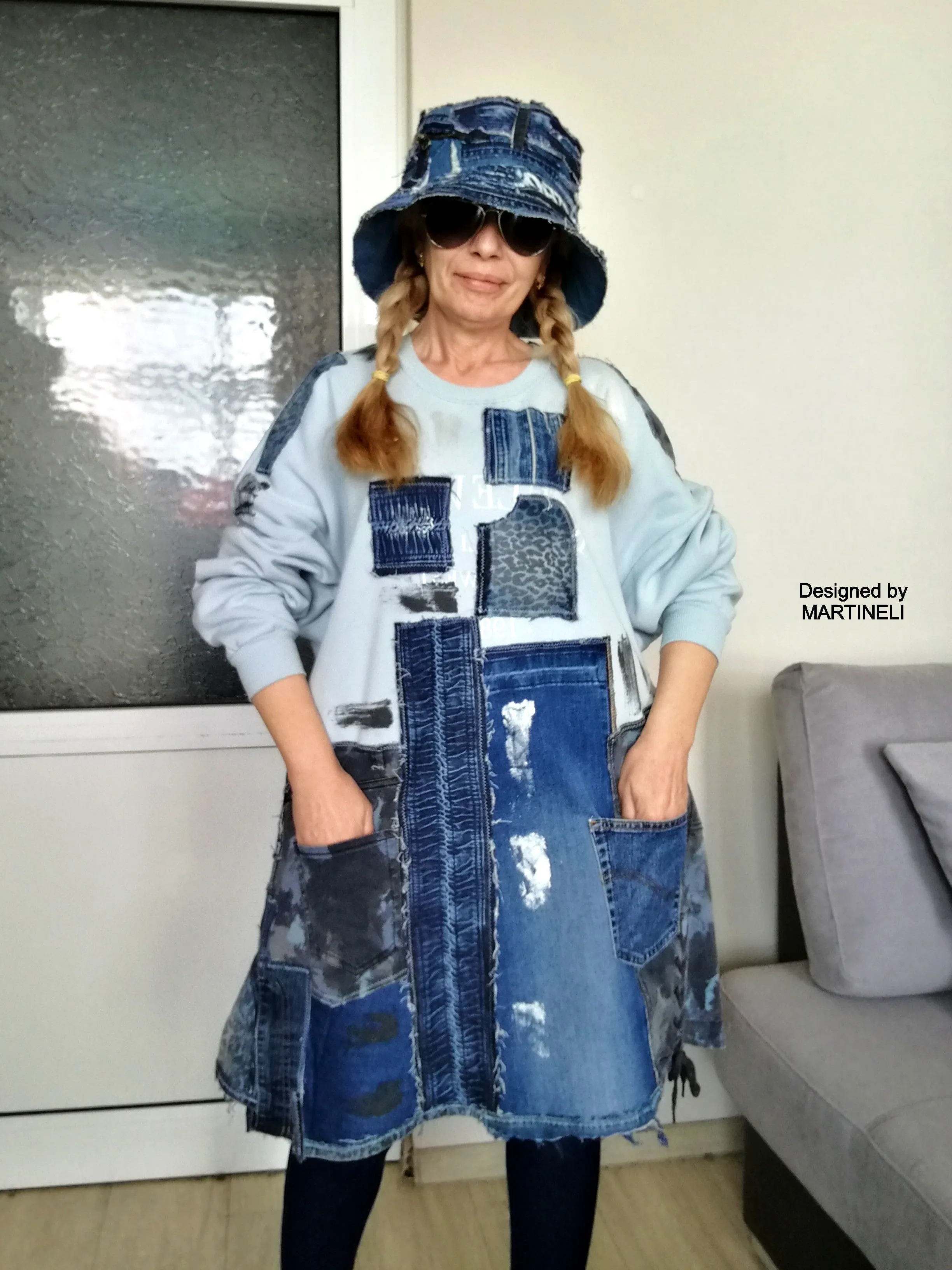 Plus Size Patchwork Denim Dress 2XL Loose Boho Outfits For Women
