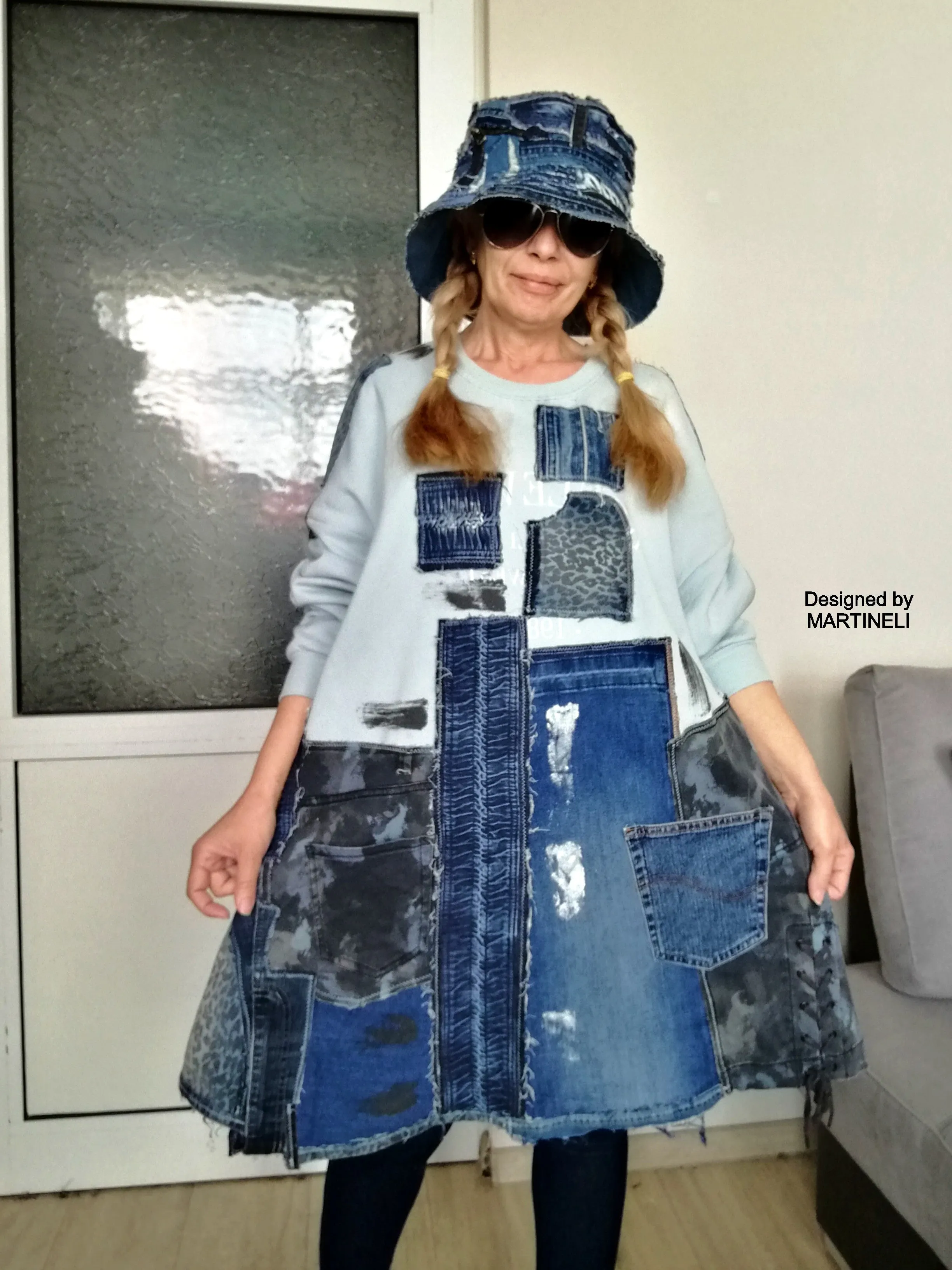 Plus Size Patchwork Denim Dress 2XL Loose Boho Outfits For Women