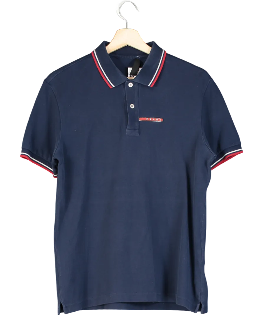 Prada Navy Blue Logo Plaque Polo Shirt UK M