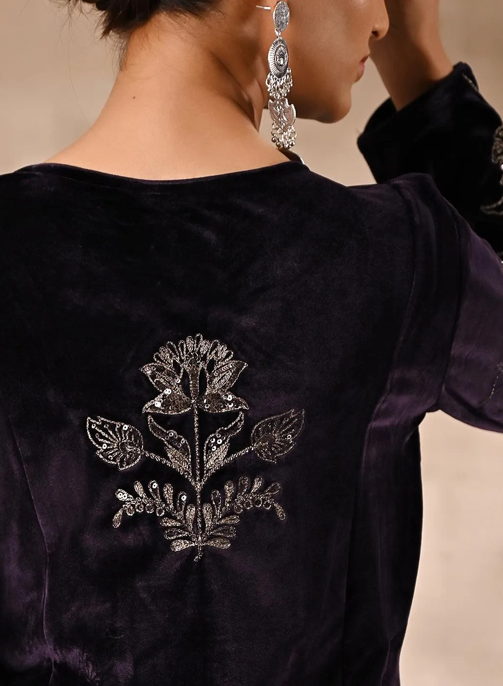 Purple Floral Velvet Kurta with Embroidery
