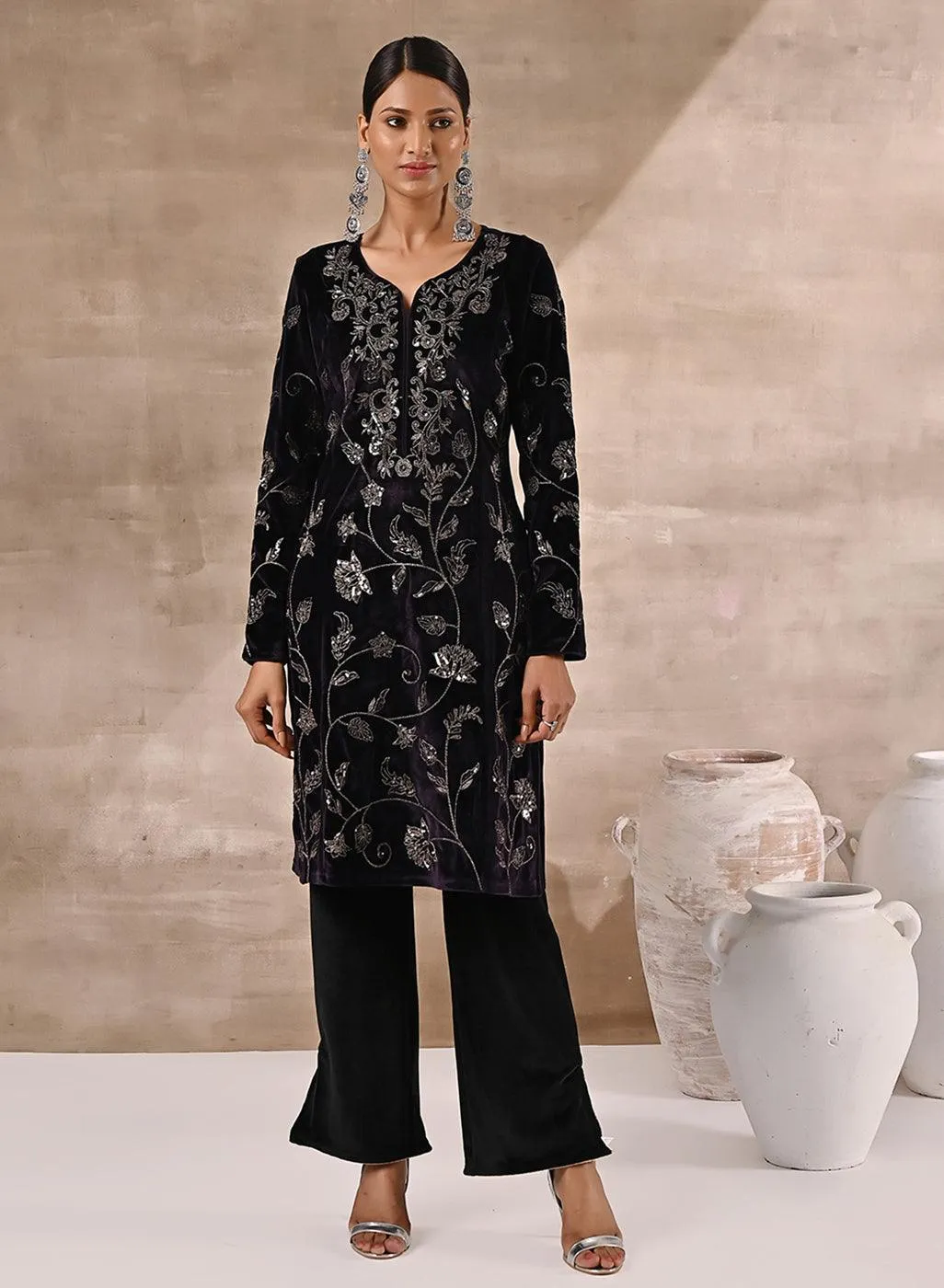 Purple Floral Velvet Kurta with Embroidery