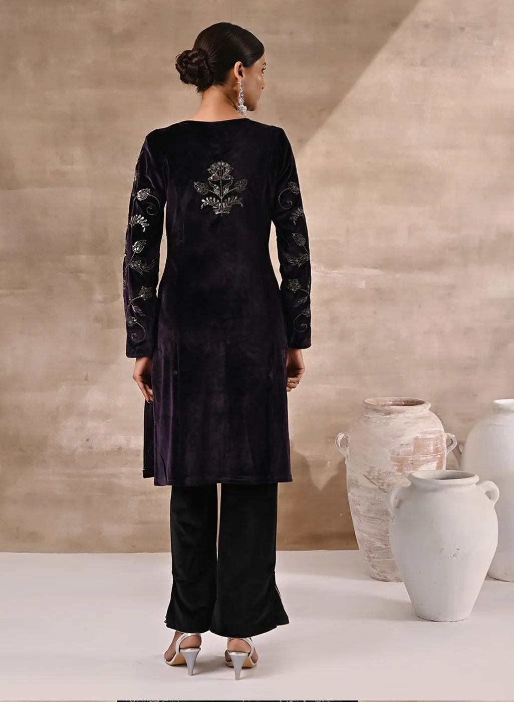 Purple Floral Velvet Kurta with Embroidery