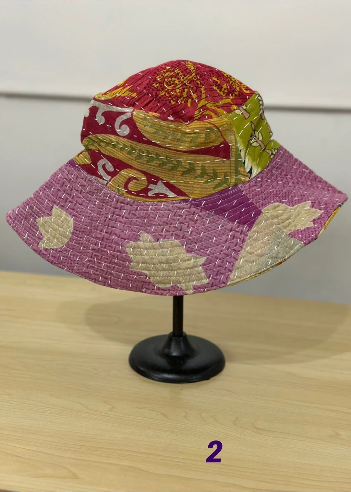 Reversible Bucket Hat of Kantha Patchwork Cotton
