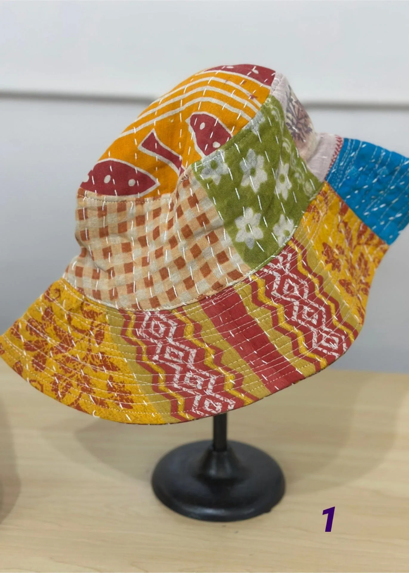 Reversible Bucket Hat of Kantha Patchwork Cotton