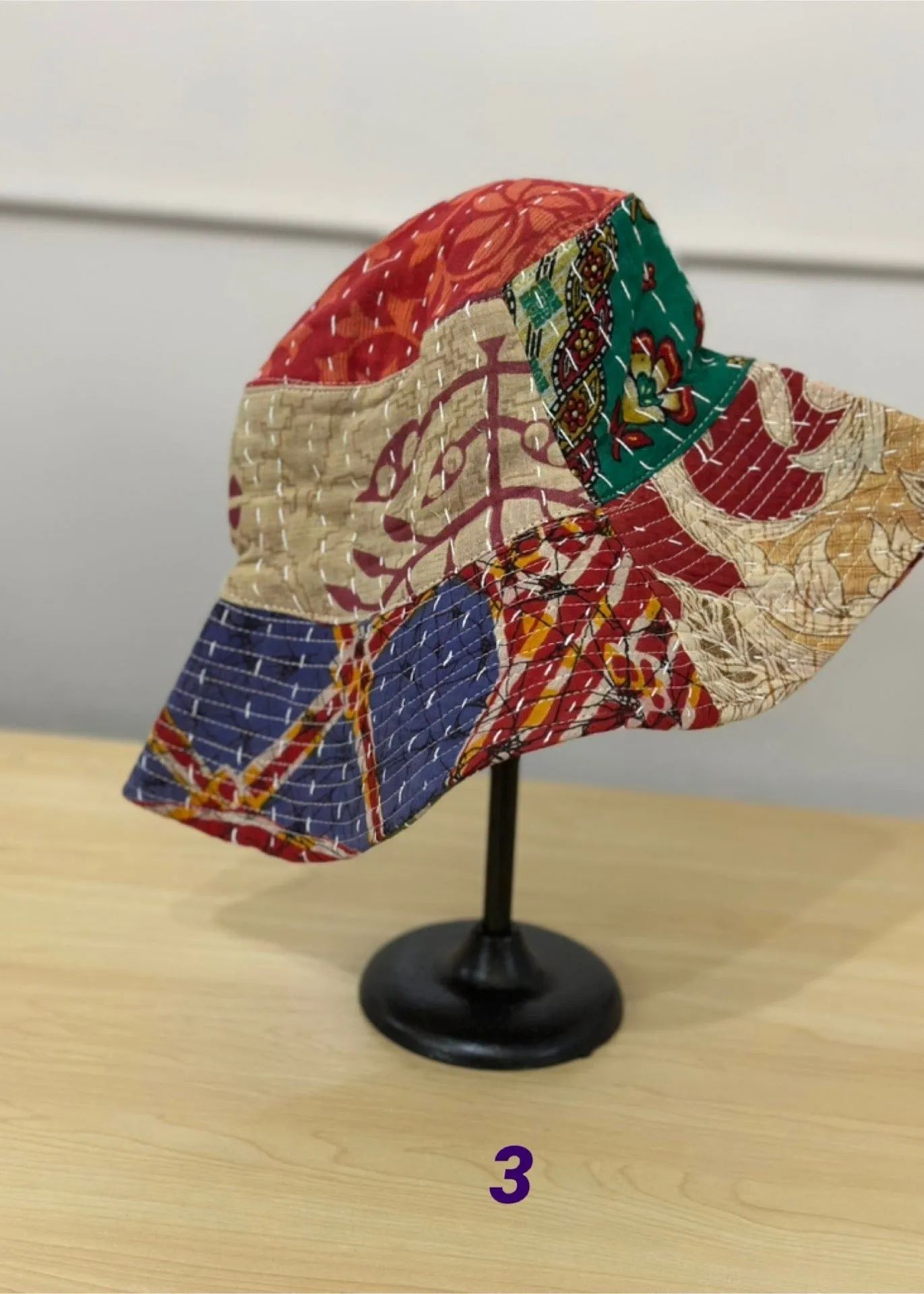 Reversible Bucket Hat of Kantha Patchwork Cotton