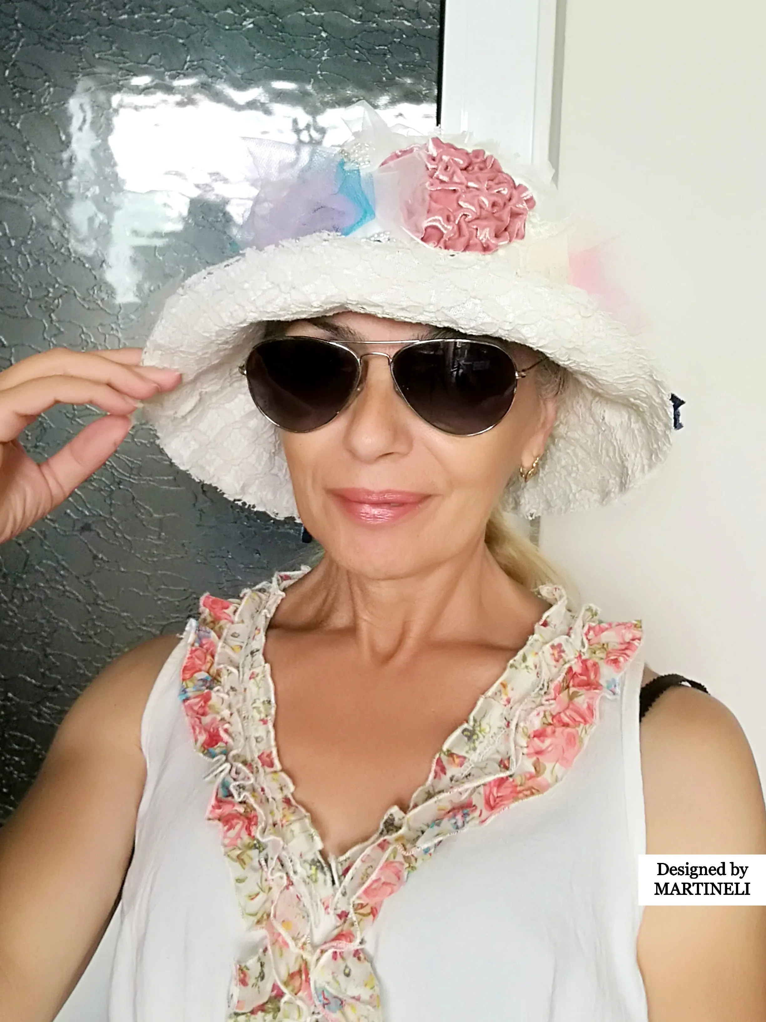 Romantic Boho Bucket Hat Embroidered White Linen Hat For Women