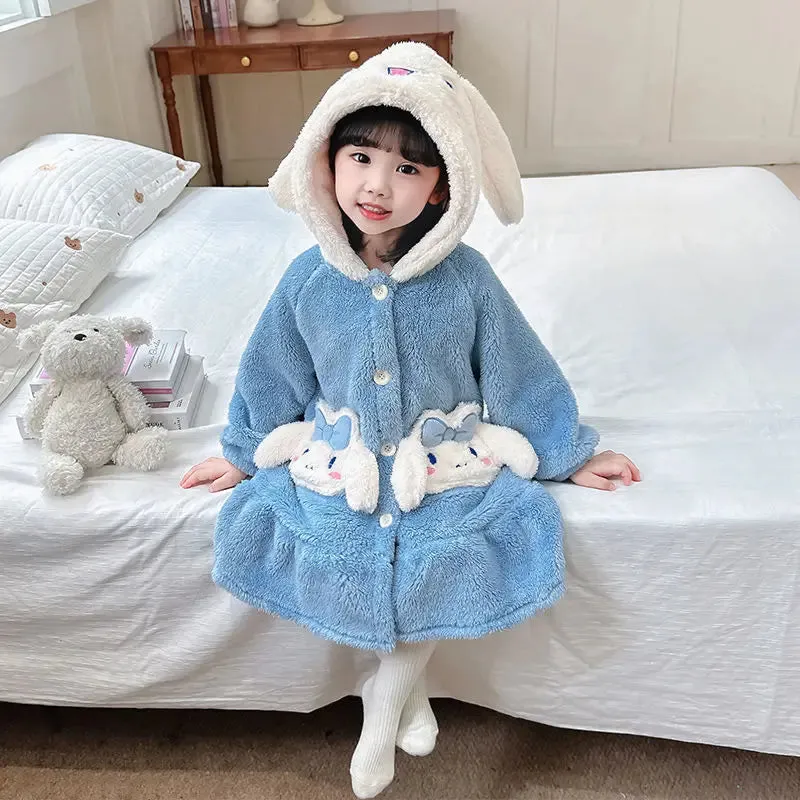 Sanrio Hello Kitty Girls Pajamas Flannel Homewear Kawaii Cinnamoroll Autumn Winter Kids Loungewear Nightdress Sleepwear Robes