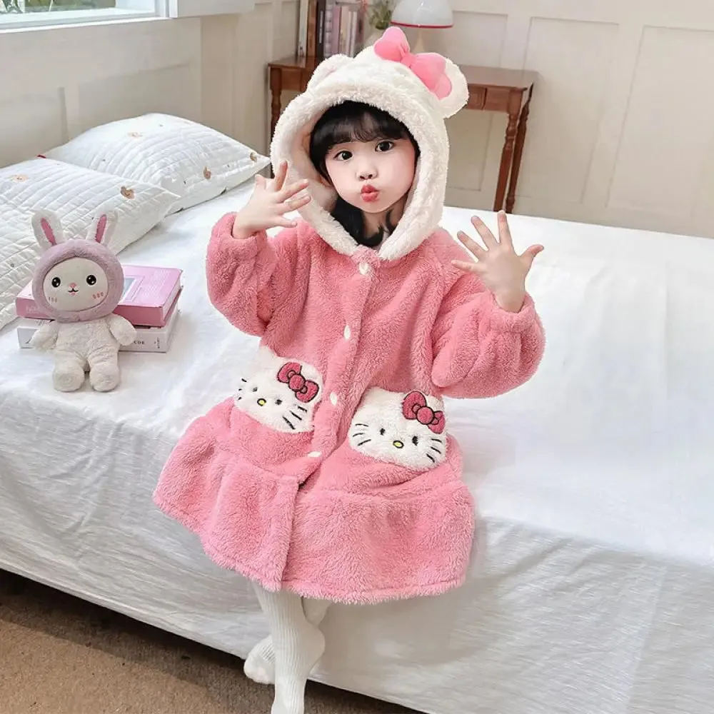 Sanrio Hello Kitty Girls Pajamas Flannel Homewear Kawaii Cinnamoroll Autumn Winter Kids Loungewear Nightdress Sleepwear Robes