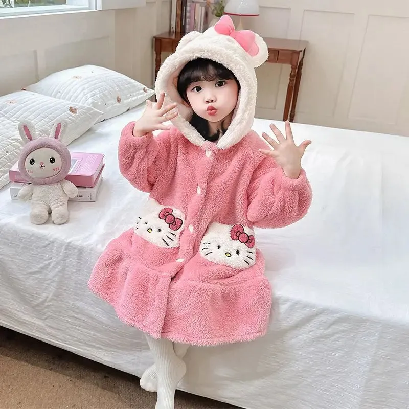 Sanrio Hello Kitty Girls Pajamas Flannel Homewear Kawaii Cinnamoroll Autumn Winter Kids Loungewear Nightdress Sleepwear Robes