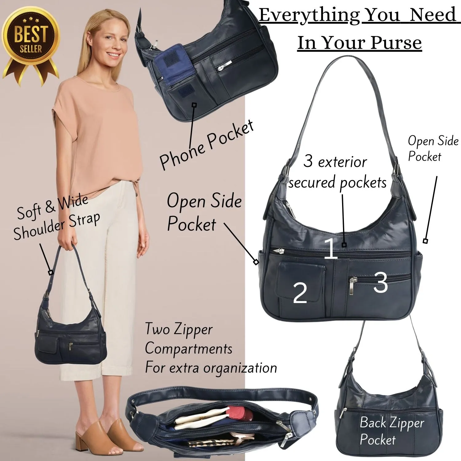 Soft Genuine Leather Shoulder Hobo Style Bag