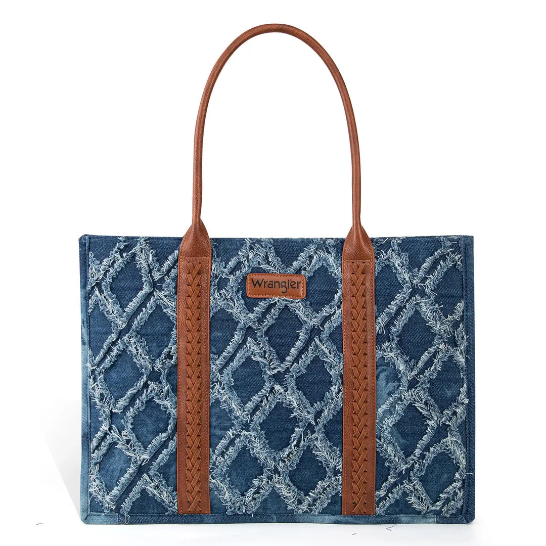 Wrangler Denim Frayed Fringed Design Dual Sided Canvas Wide Denim Tote
